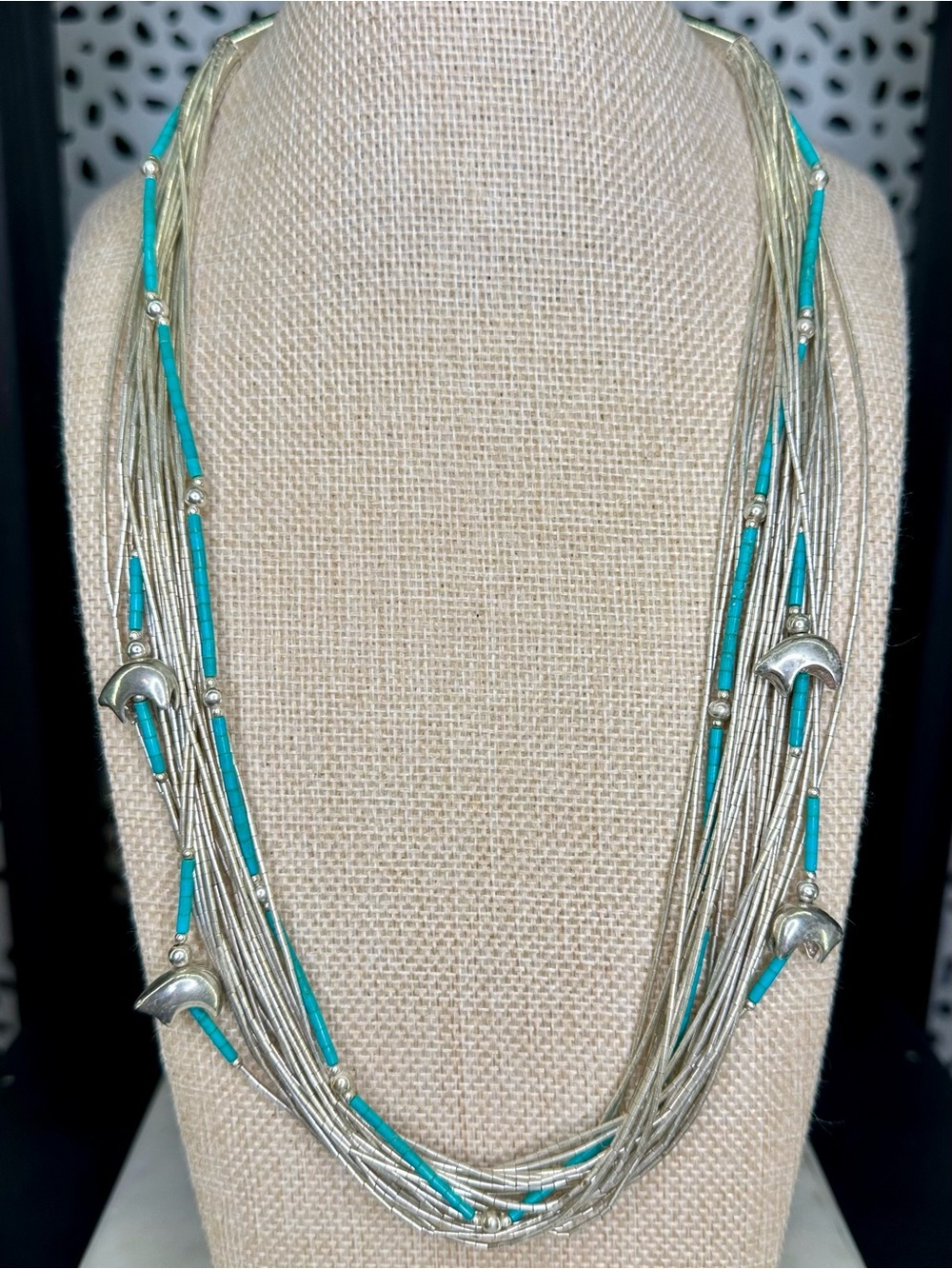 Carolyn Pollack Sterling Silver Liquid Fetish Bear Turquoise 23 Strand Necklace - Picture 2 of 10